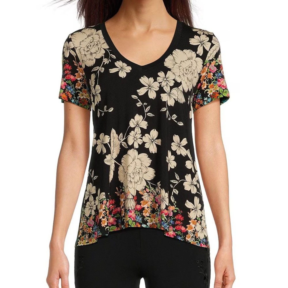 Johnny Was Redland Favorite Bamboo Stretch Black V-Neck Women's Top Tee Shirt